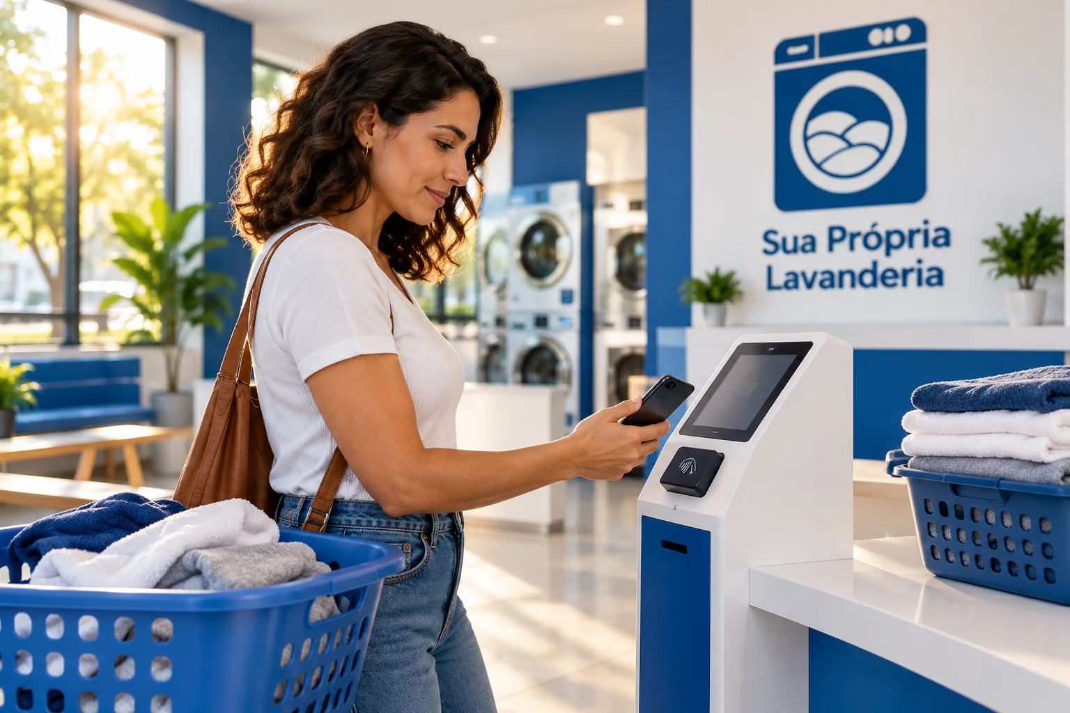 Ilustração por IA de cliente efetuando pagamento em lavanderia self-service