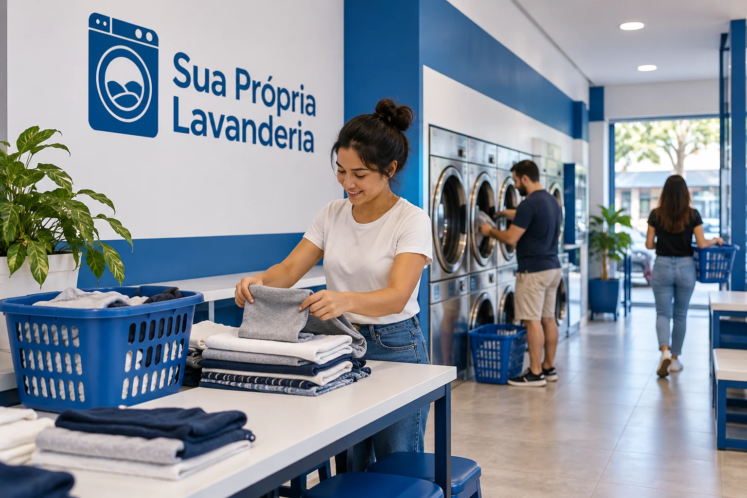 Ilustração de lavanderia self-service em operação, sem marca de franquia ou fachada identificável.