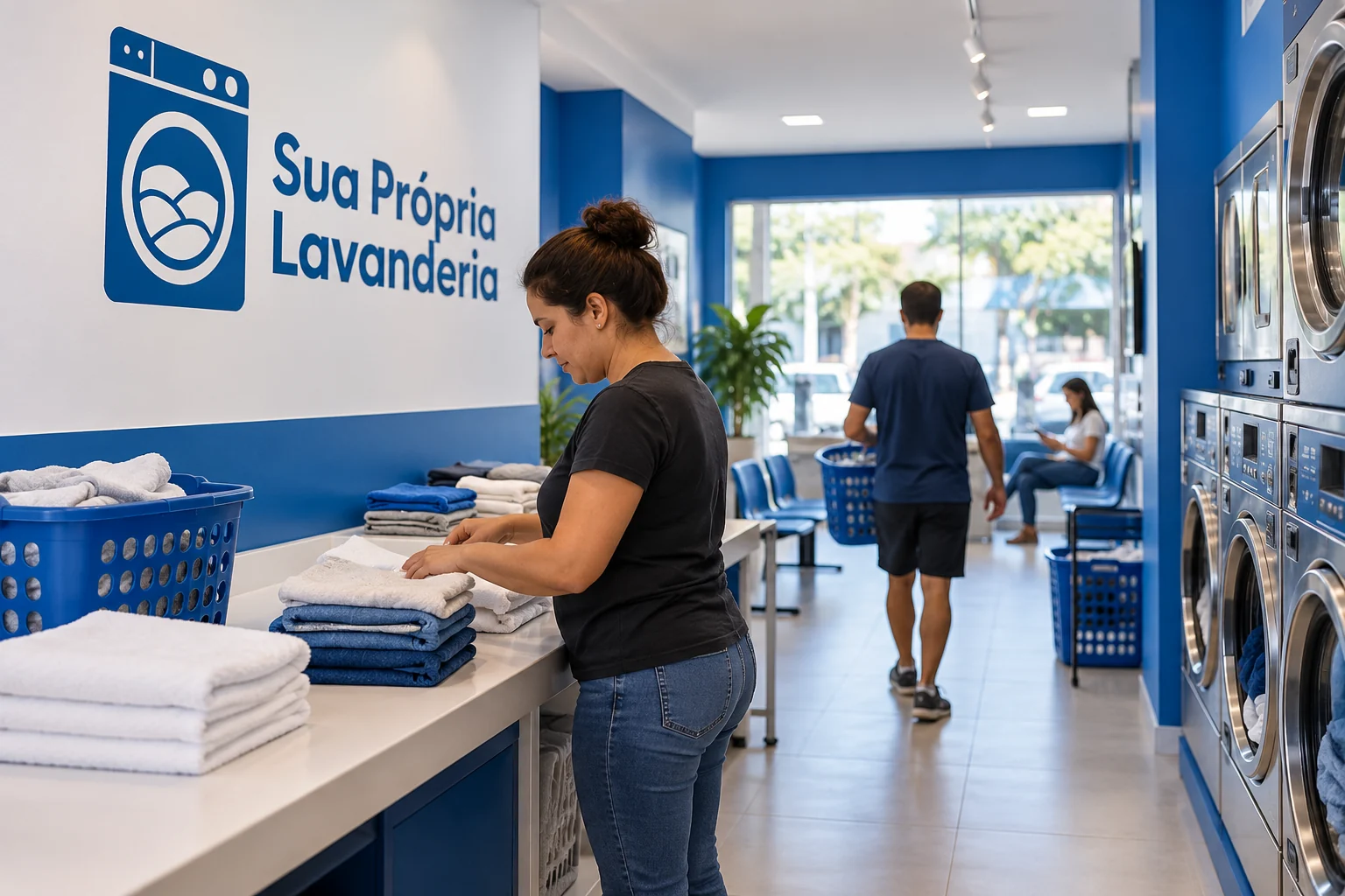 Ilustração de lavanderia self-service em processo de transição operacional, sem marca ou unidade identificável.
