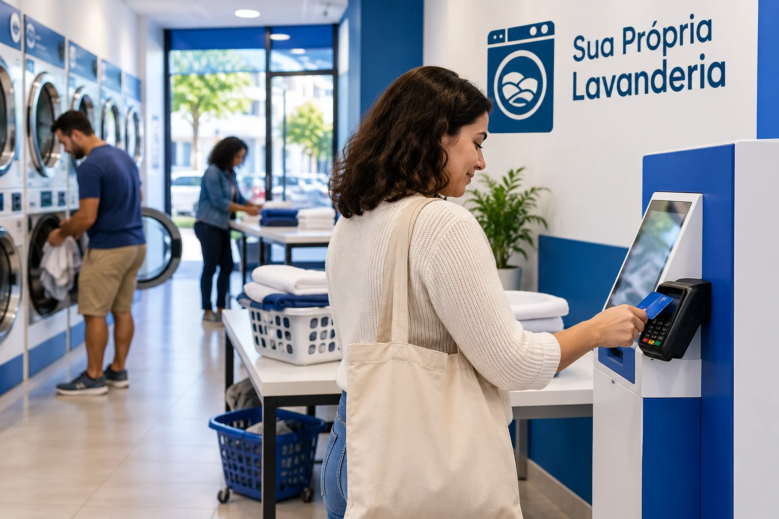 Terminal de pagamento por cartão em lavanderia de autosserviço, próximo a uma máquina.