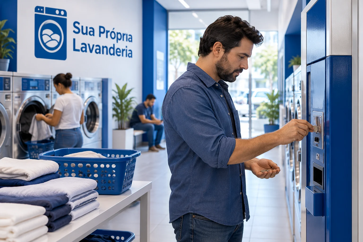 Lavanderia self-service em funcionamento com equipamento de pagamento ao lado das máquinas; cena ilustrativa.