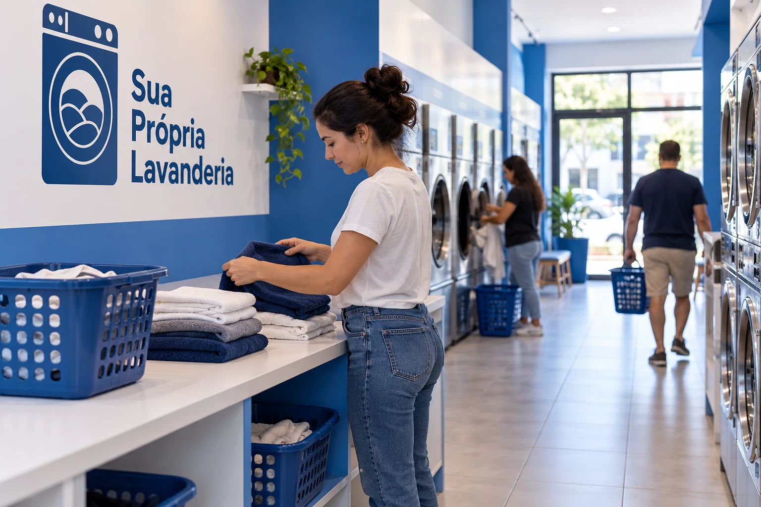 Lavanderia em uso com máquinas e painel de controle visível; cena ilustrativa.