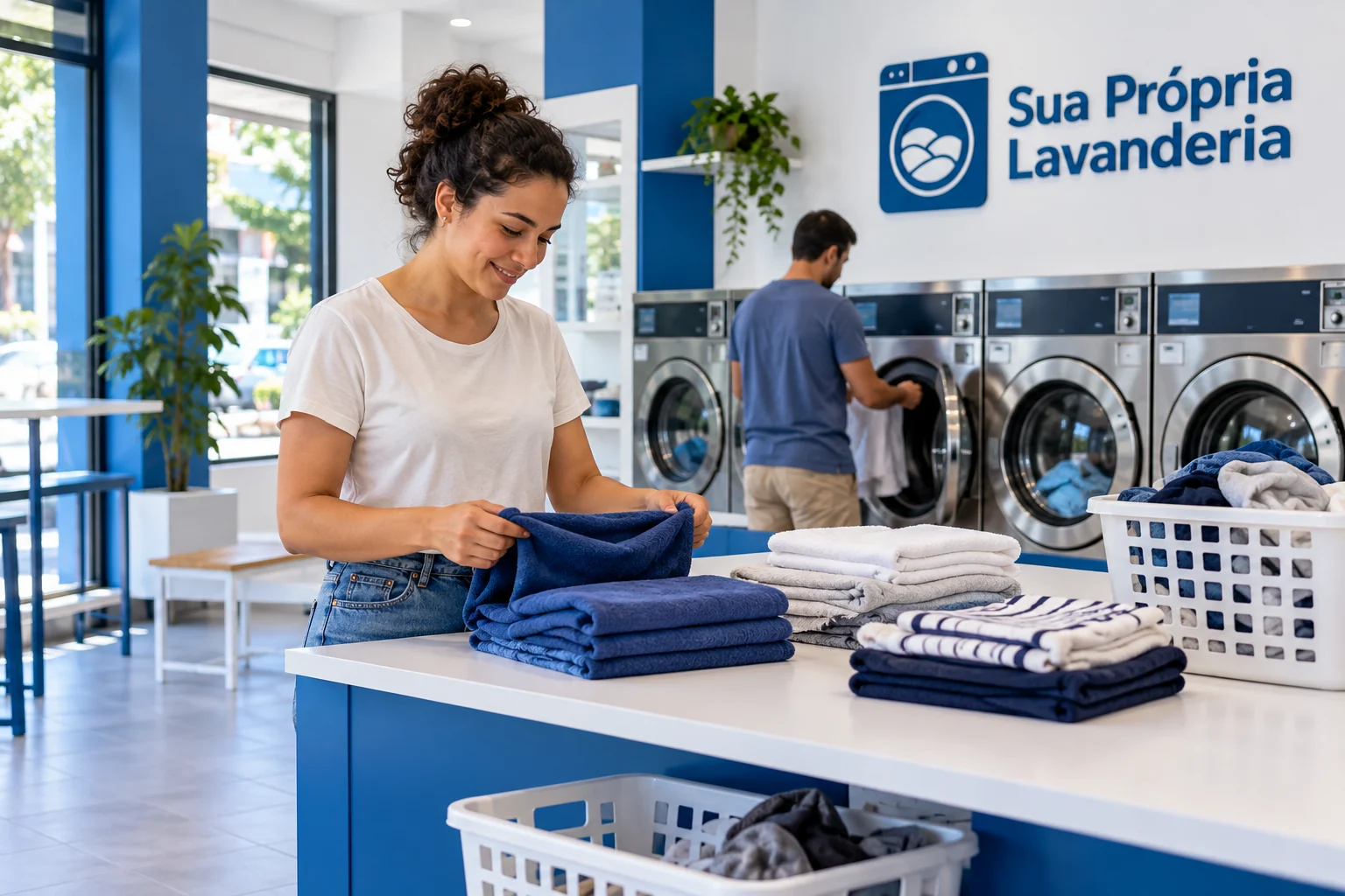 Lavanderia comercial pronta com lavadoras e instalações hidráulicas organizadas; cena ilustrativa.