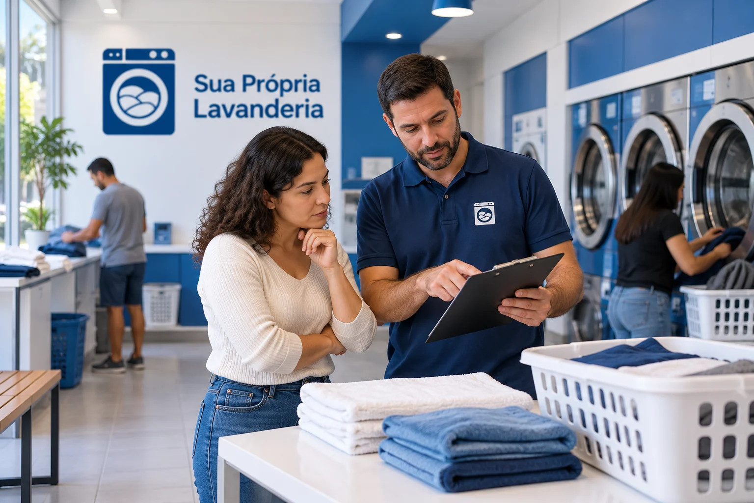 Técnico examinando máquina de lavanderia comercial; cena ilustrativa.