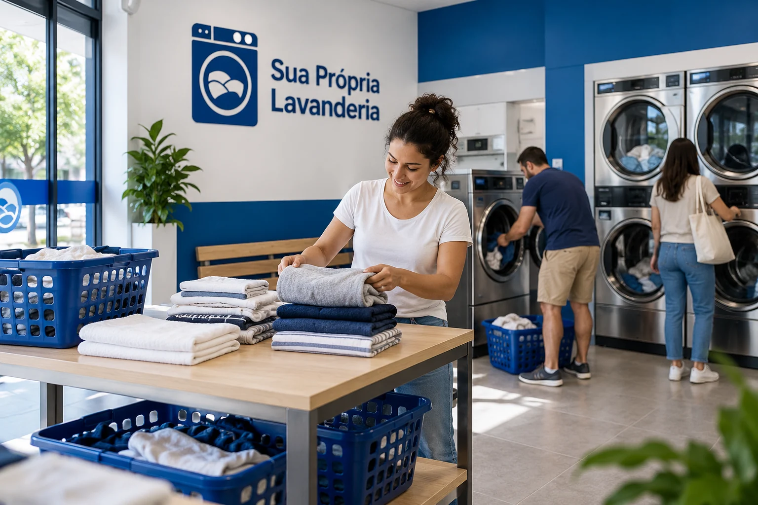 Técnico realizando inspeção preventiva em máquinas de lavanderia; ilustração.
